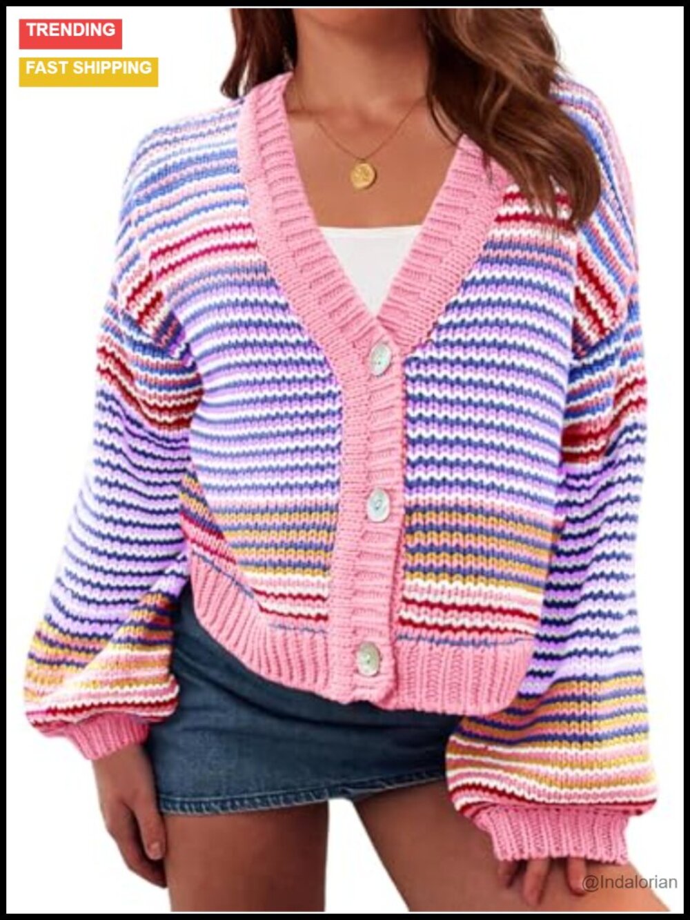 Chunky Knit Color Block Cardigan Oversized Cropped Lantern Sleeve